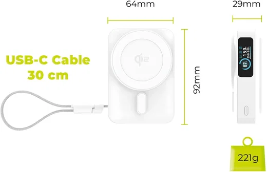 Mobile Origin 10000 mAh MagSafe / Qi2 Powerbank Ingebouwde USB-C Kabel 20W Wit afbeelding 8