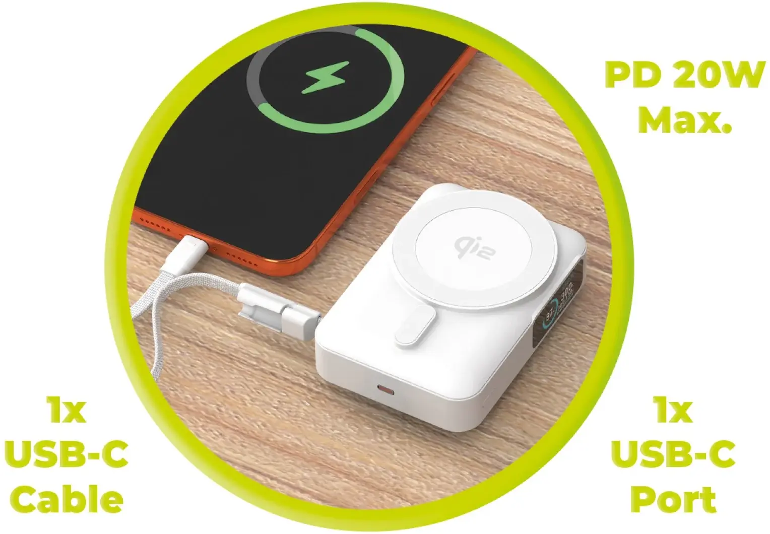 Mobile Origin 10000 mAh MagSafe / Qi2 Powerbank Ingebouwde USB-C Kabel 20W Wit afbeelding 4