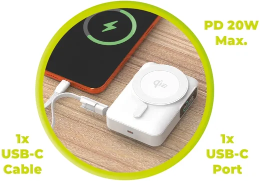 Mobile Origin 10000 mAh MagSafe / Qi2 Powerbank Ingebouwde USB-C Kabel 20W Wit afbeelding 4