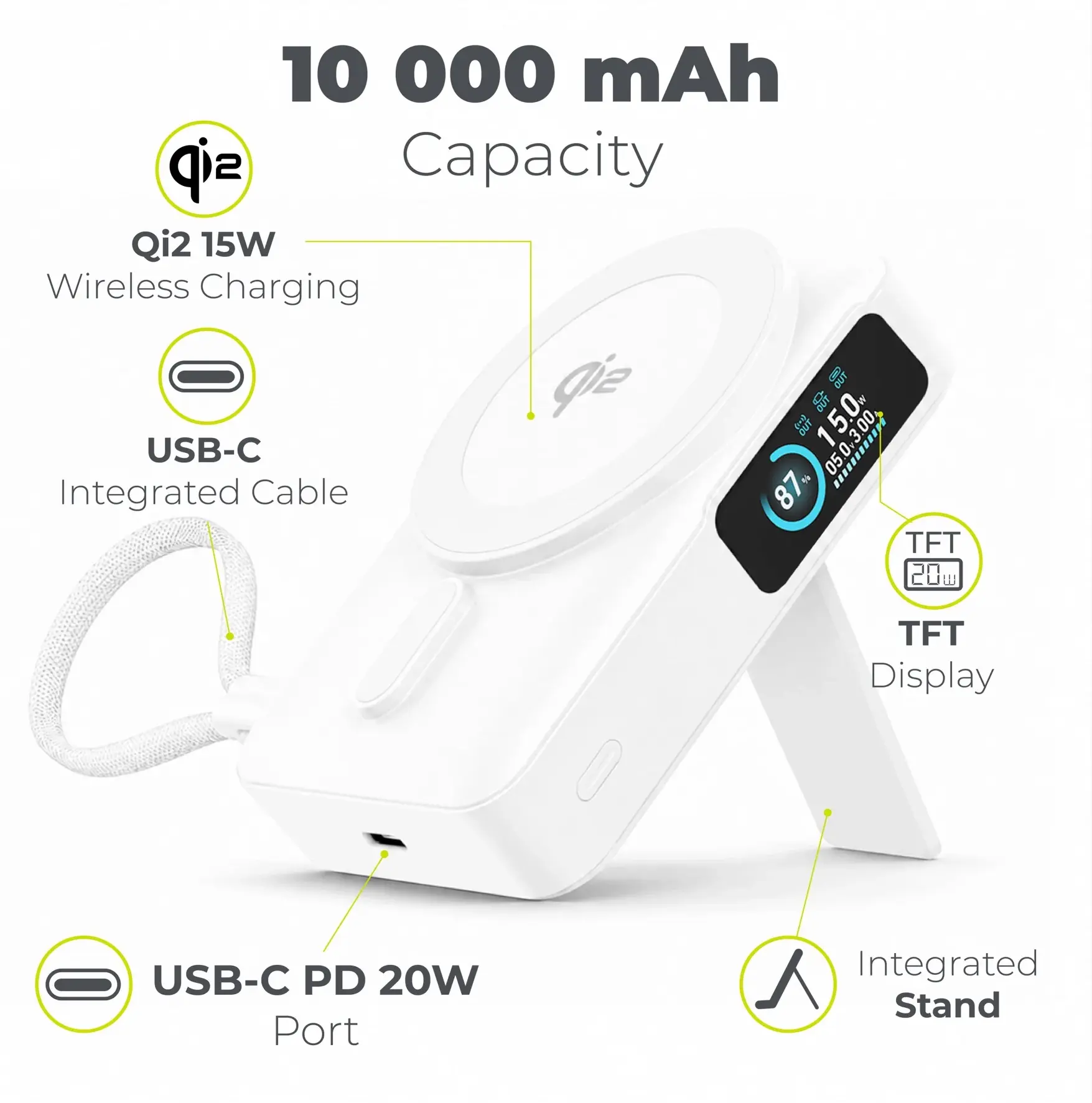 Mobile Origin 10000 mAh MagSafe / Qi2 Powerbank Ingebouwde USB-C Kabel 20W Wit afbeelding 2