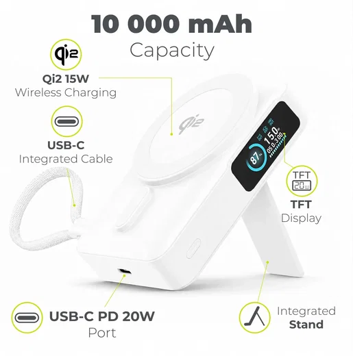 Mobile Origin 10000 mAh MagSafe / Qi2 Powerbank Ingebouwde USB-C Kabel 20W Wit afbeelding 2