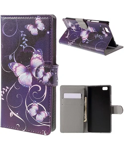 Huawei Ascend P8 Lite Purple Butterfly Wallet Case afbeelding 1