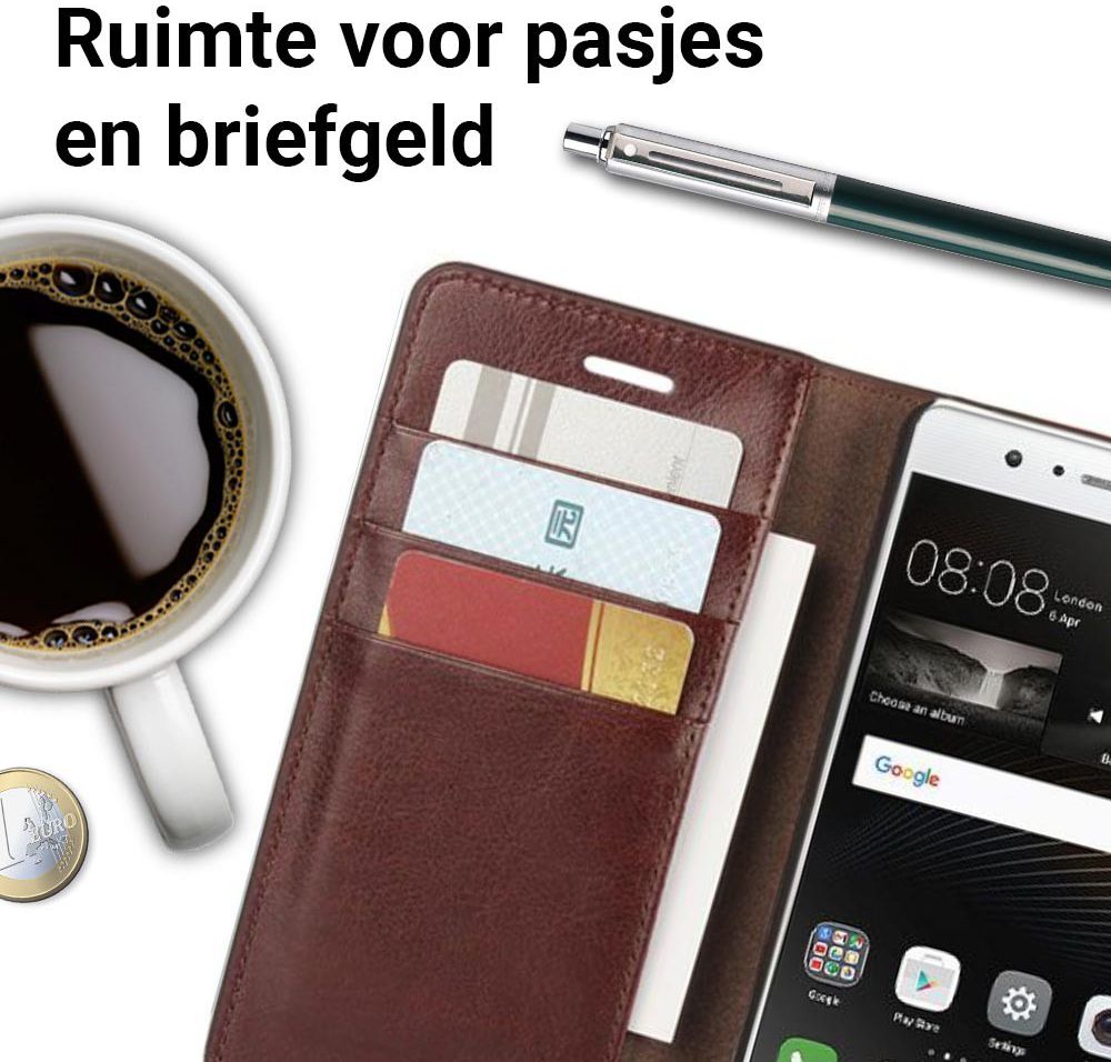 Echt Leren Huawei P9 Lite Bookcase Hoesje Met Pasjes Bruin afbeelding 2