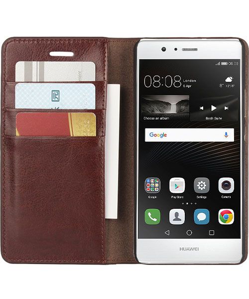Echt Leren Huawei P9 Lite Bookcase Hoesje Met Pasjes Bruin afbeelding 1