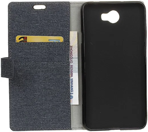 Huawei Y6 II Compact Linnen Portemonnee Hoesje Donker Blauw afbeelding 4