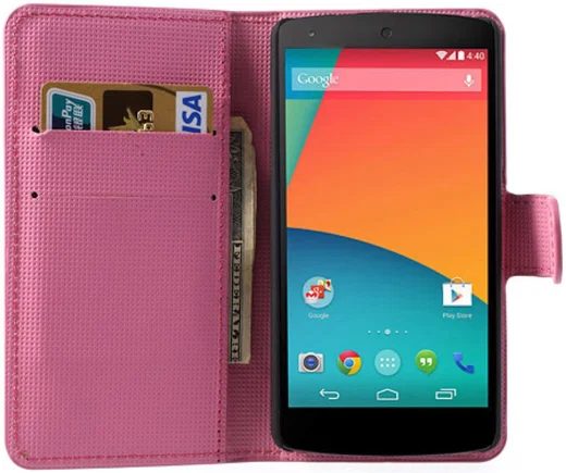 LG Google Nexus 5 Portemonnee Hoesje Paarse Bloemen afbeelding 1