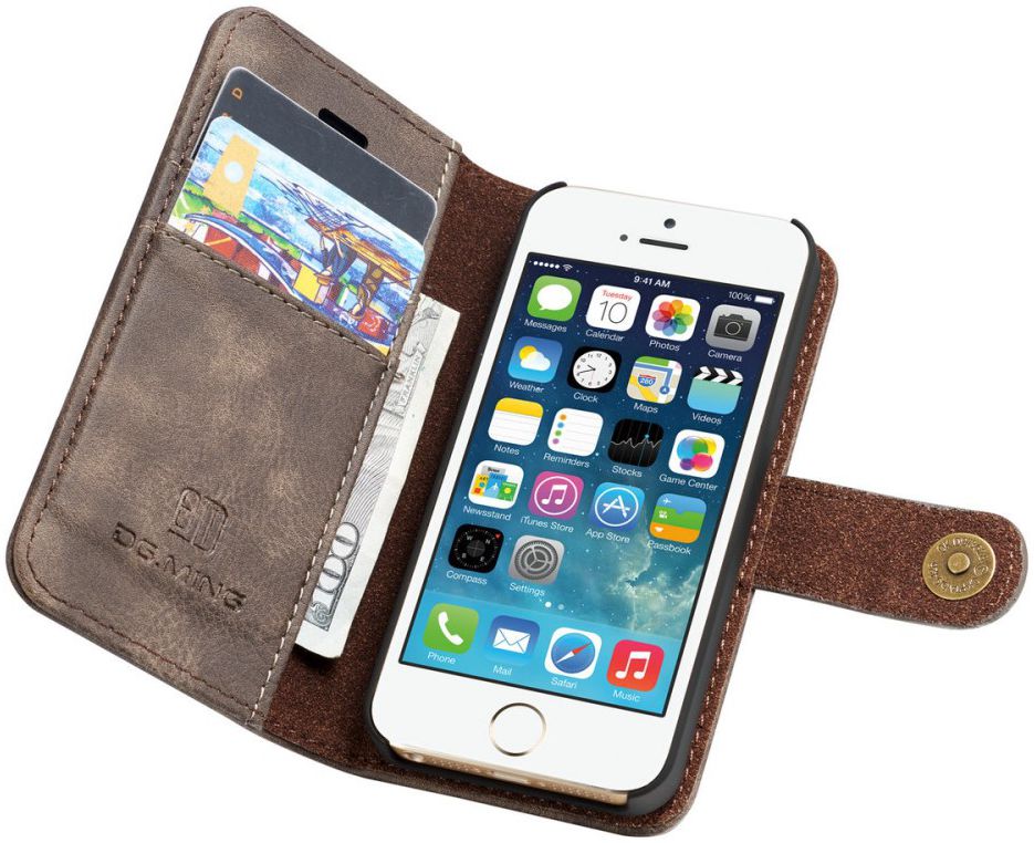 DG Ming Apple iPhone 5/5s/SE Echt Leren Portemonnee Hoesje Coffee afbeelding 1