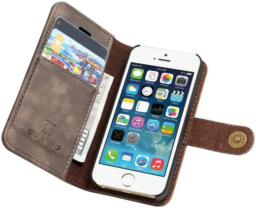 DG Ming Apple iPhone 5/5s/SE Echt Leren Portemonnee Hoesje Coffee afbeelding 1