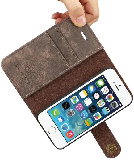 DG Ming Apple iPhone 5/5s/SE Echt Leren Portemonnee Hoesje Coffee afbeelding 4