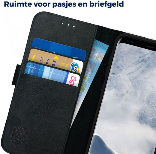 Rosso Deluxe Samsung Galaxy S8 Hoesje Echt Leer Pasjes Book Case Zwart afbeelding 5