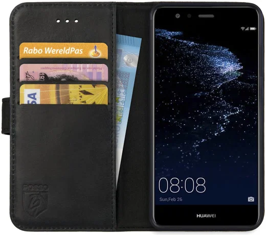 Rosso Deluxe Huawei P10 Lite Hoesje Echt Leer Pasjes Book Case Zwart afbeelding 1