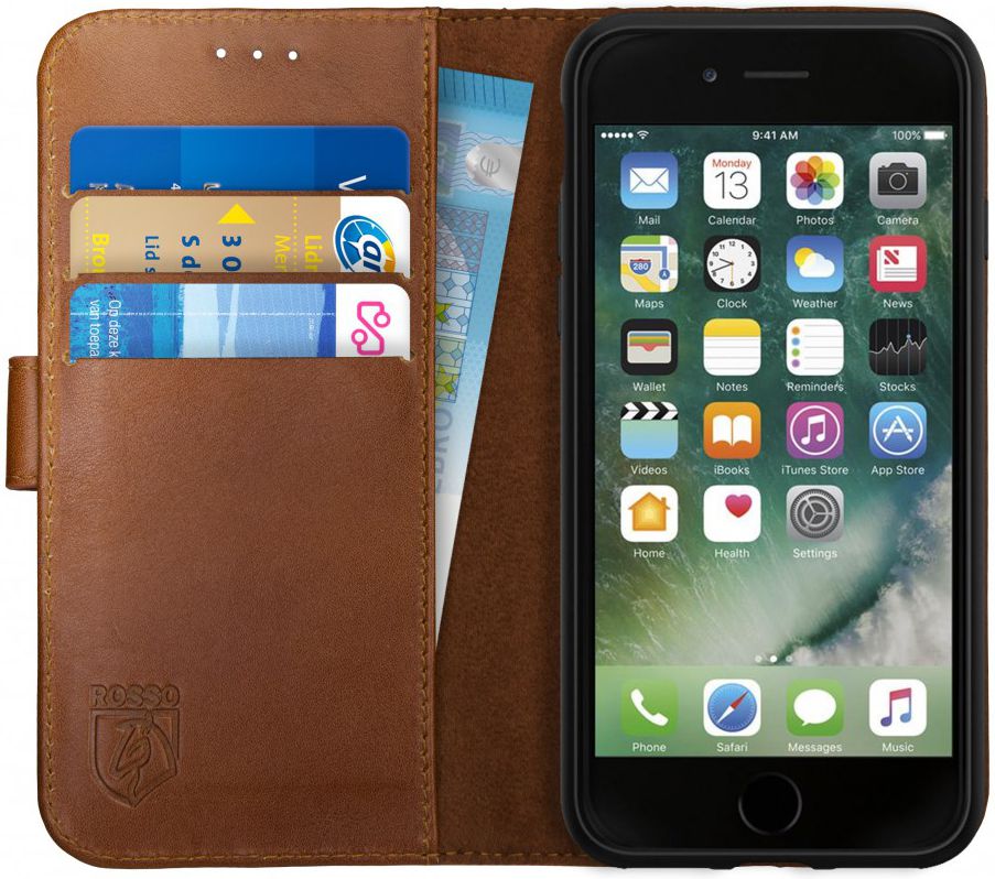 Rosso Deluxe Apple iPhone 7/8 Hoesje Echt Leer Pasjes Book Case Bruin afbeelding 1