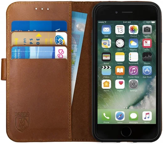Rosso Deluxe Apple iPhone 7/8 Hoesje Echt Leer Pasjes Book Case Bruin afbeelding 1
