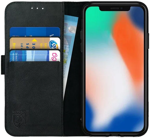 Rosso Deluxe Apple iPhone X / XS Hoesje Echt Leer Book Case Zwart afbeelding 1