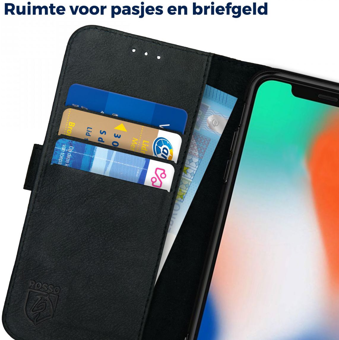 Rosso Deluxe Apple iPhone X / XS Hoesje Echt Leer Book Case Zwart afbeelding 5
