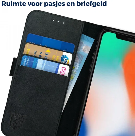 Rosso Deluxe Apple iPhone X / XS Hoesje Echt Leer Book Case Zwart afbeelding 5