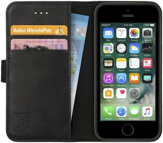 Rosso Deluxe Apple iPhone 5/5S/SE Hoesje Echt Leer Book Case Zwart afbeelding 1