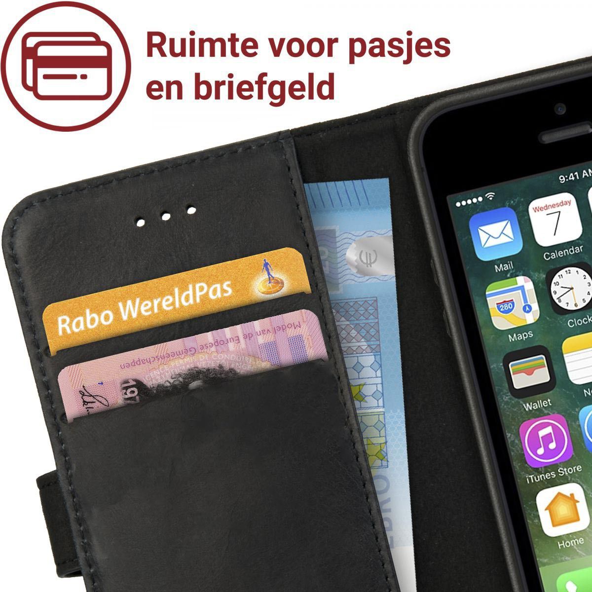 Rosso Deluxe Apple iPhone 5/5S/SE Hoesje Echt Leer Book Case Zwart afbeelding 5