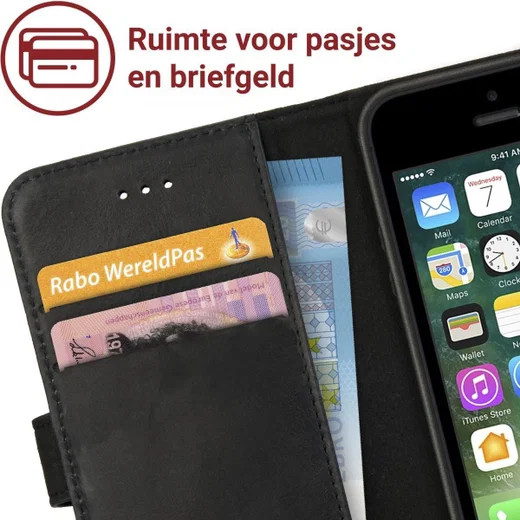 Rosso Deluxe Apple iPhone 5/5S/SE Hoesje Echt Leer Book Case Zwart afbeelding 5