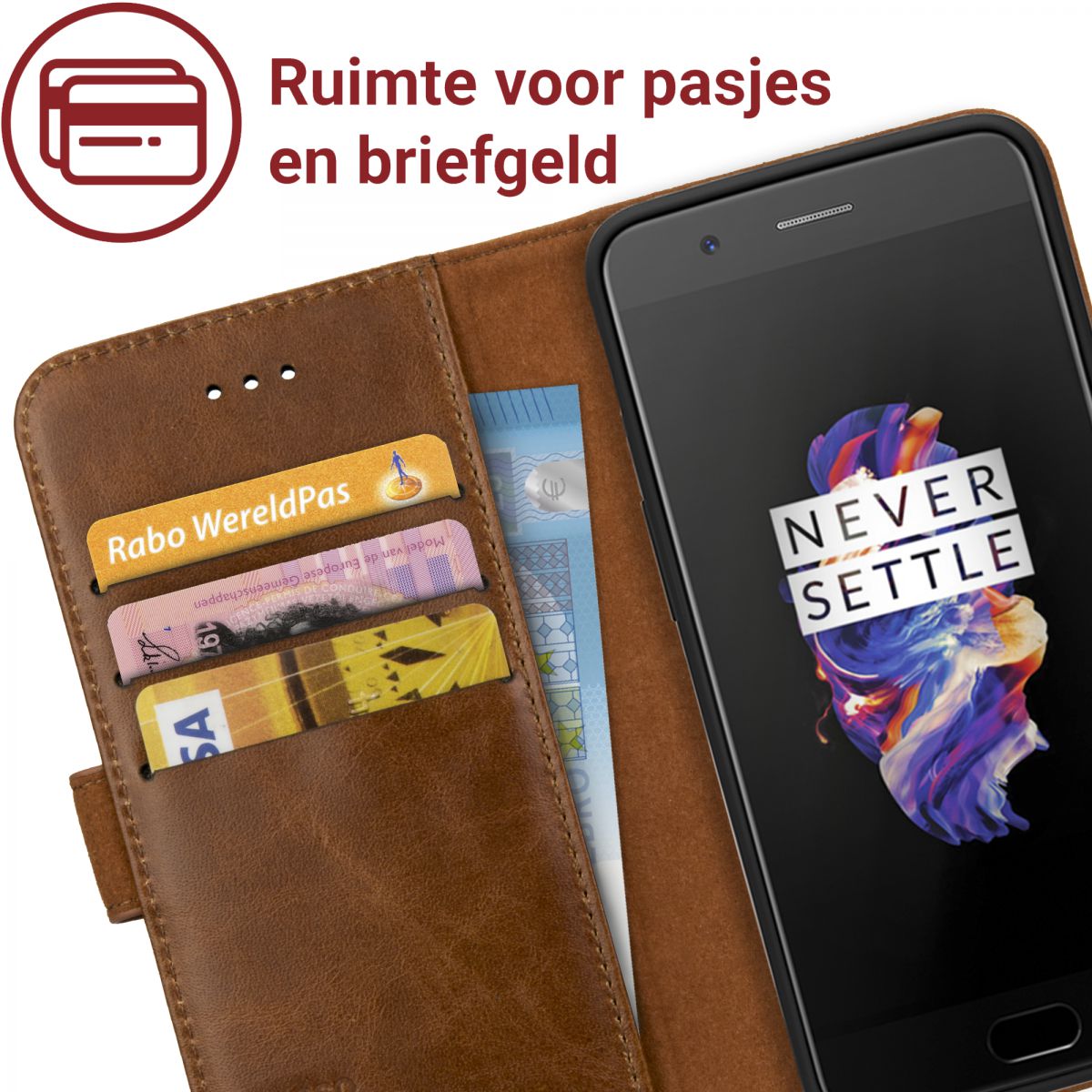 Rosso Deluxe OnePlus 5 Hoesje Echt Leer Pasjes Book Case Bruin afbeelding 9