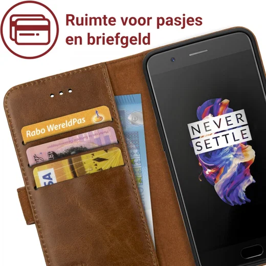 Rosso Deluxe OnePlus 5 Hoesje Echt Leer Pasjes Book Case Bruin afbeelding 9