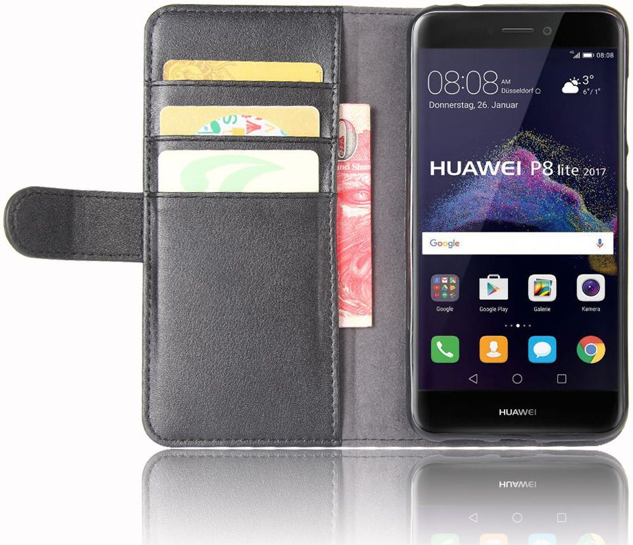 Echt Leren Huawei P8 Lite (2017) Portemonnee Hoesje Zwart afbeelding 1
