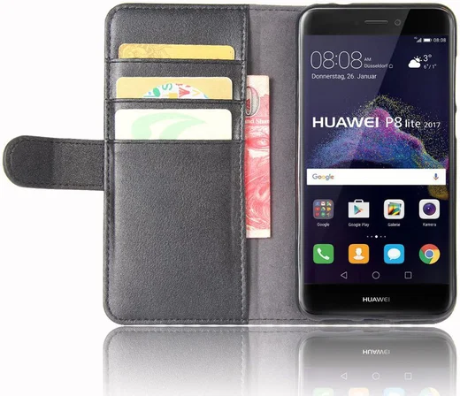 Echt Leren Huawei P8 Lite (2017) Portemonnee Hoesje Zwart afbeelding 1