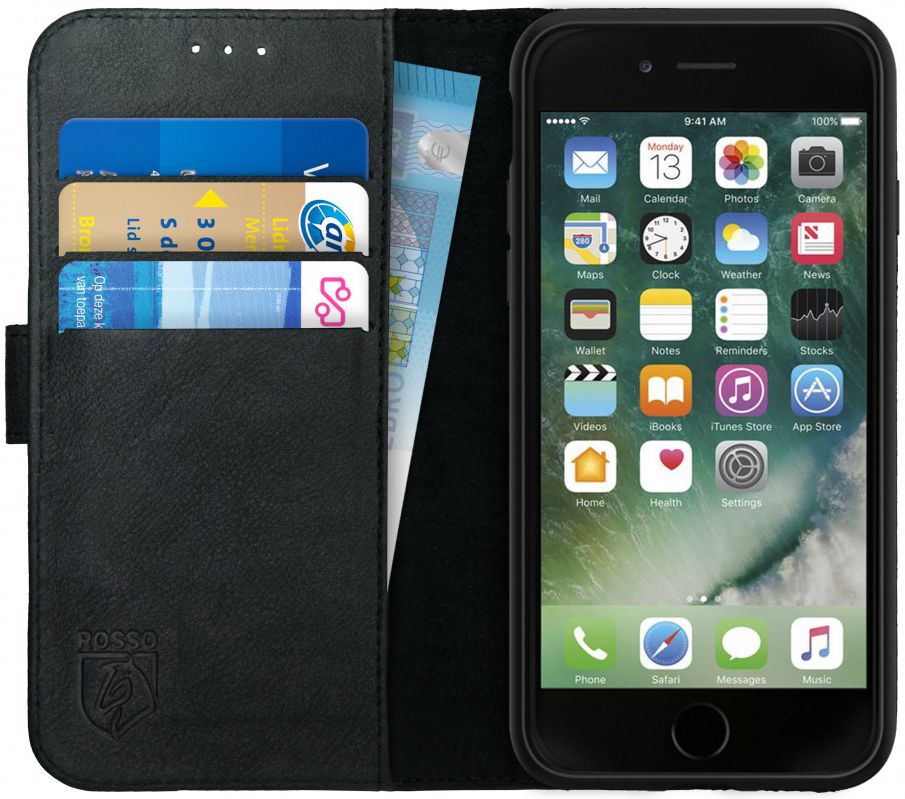 Rosso Deluxe Apple iPhone 6(s) Hoesje Echt Leer Book Case Zwart afbeelding 1