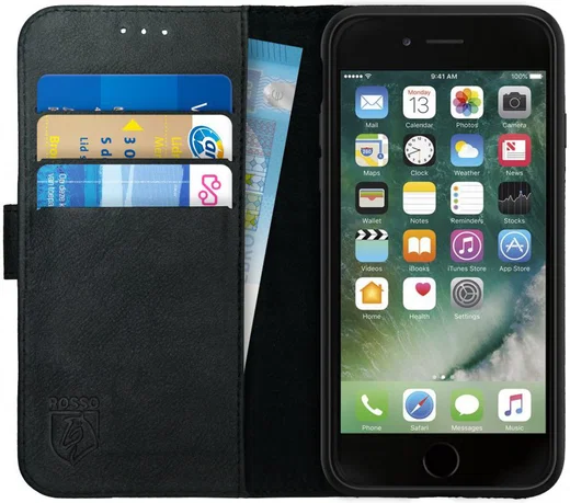 Rosso Deluxe Apple iPhone 6(s) Hoesje Echt Leer Book Case Zwart afbeelding 1