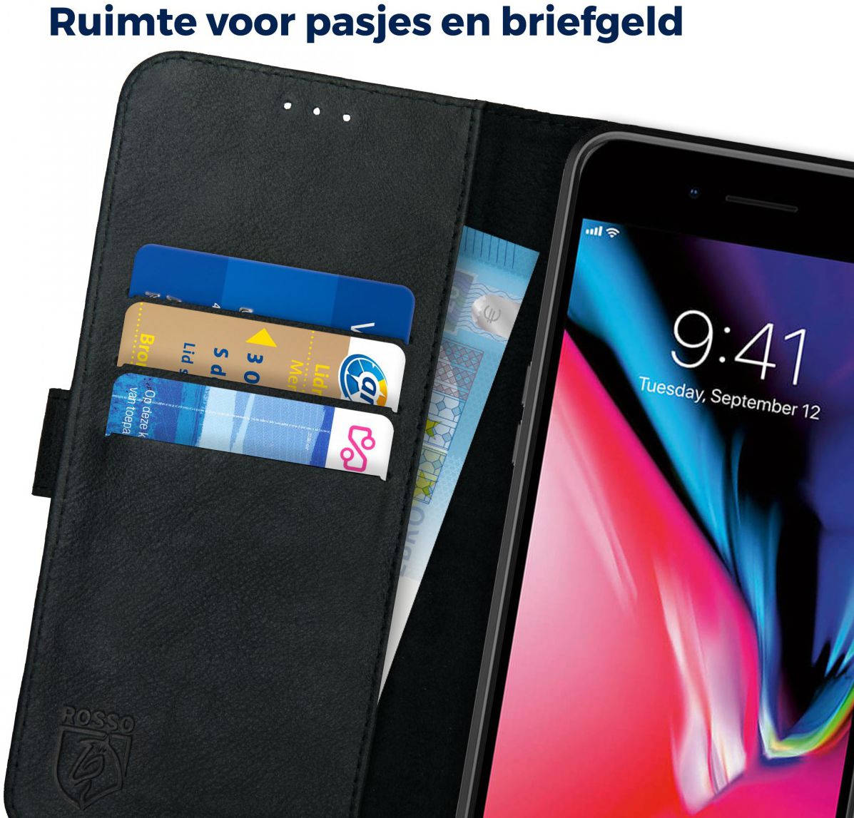 Rosso Deluxe Apple iPhone 7/8 Plus Hoesje Echt Leer Book Case Zwart afbeelding 5