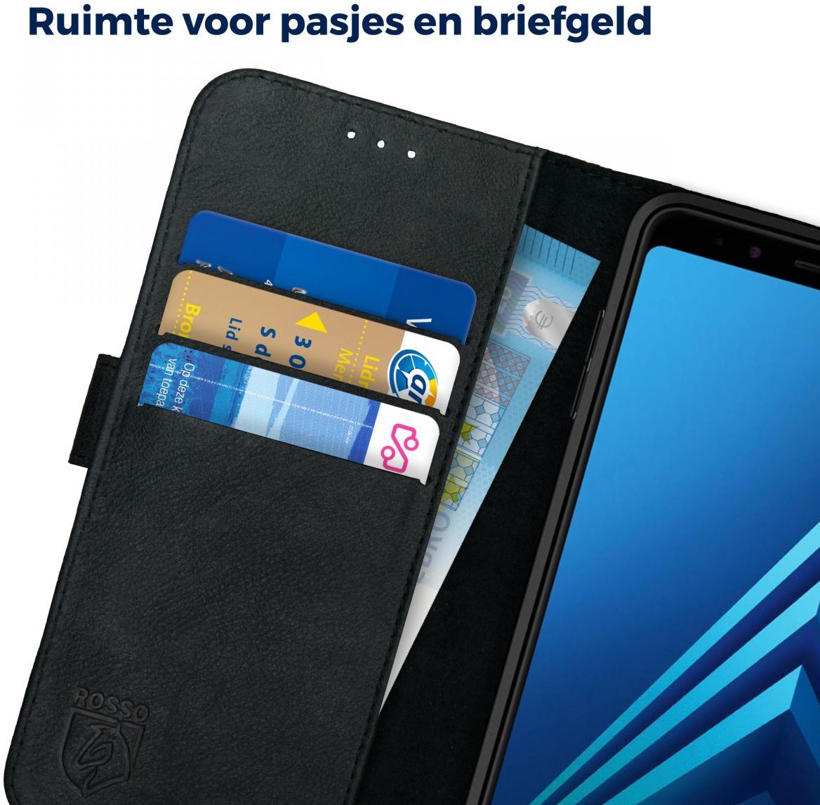 Rosso Deluxe Samsung Galaxy A8 (2018) Hoesje Echt Leer Book Case Zwart afbeelding 5