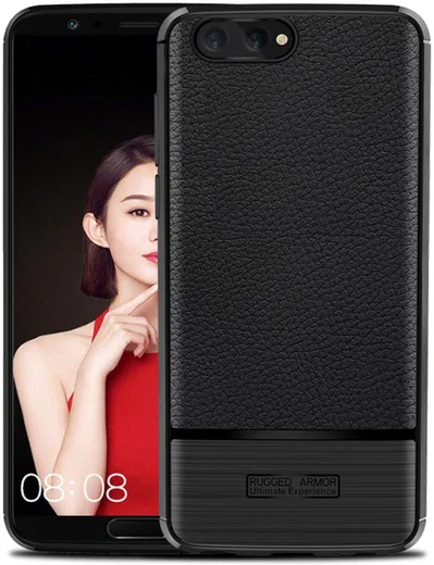 Honor View 10 Hoesje TPU Met Leren Textuur Zwart afbeelding 1