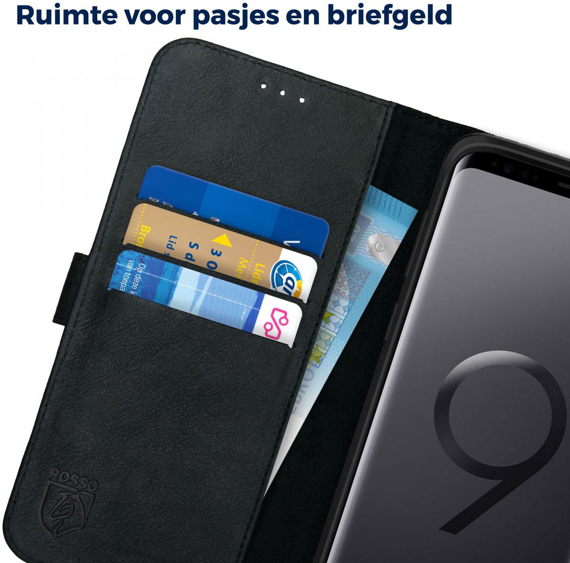 Rosso Deluxe Samsung Galaxy S9 Plus Hoesje Echt Leer Book Case Zwart afbeelding 6