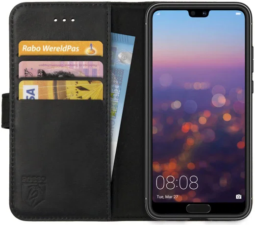 Rosso Deluxe Huawei P20 Hoesje Echt Leer Book Case Zwart afbeelding 1
