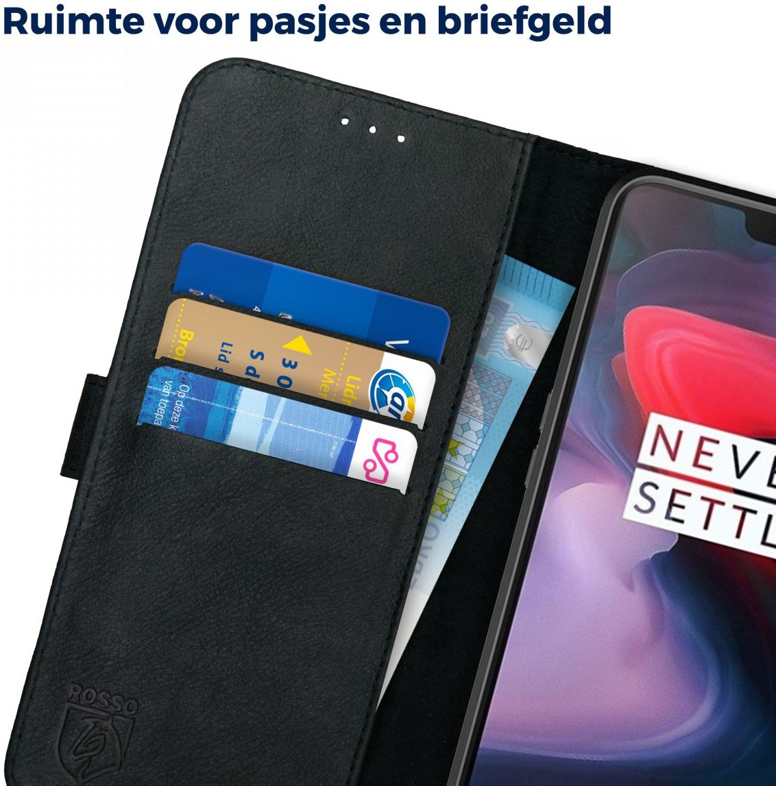 Rosso Deluxe OnePlus 6 Hoesje Echt Leer Book Case Zwart afbeelding 6