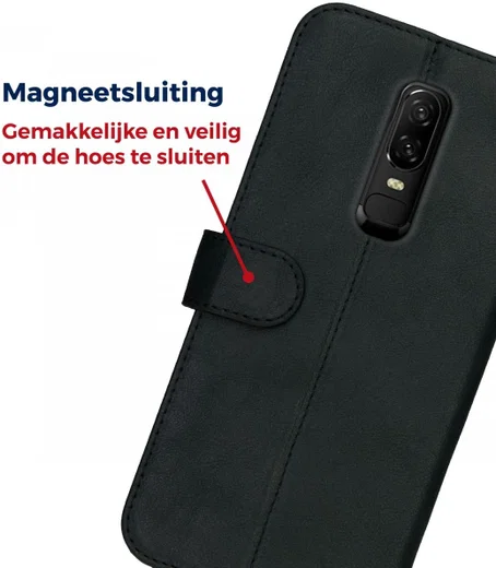 Rosso Deluxe OnePlus 6 Hoesje Echt Leer Book Case Zwart afbeelding 11