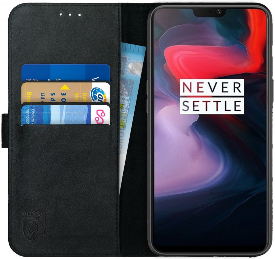 Rosso Deluxe OnePlus 6 Hoesje Echt Leer Book Case Zwart afbeelding 1