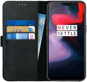 Rosso Deluxe OnePlus 6 Hoesje Echt Leer Book Case Zwart