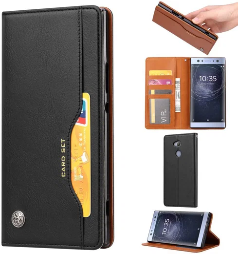 Sony Xperia XA2 Lederen Wallet Stand Hoesje Zwart afbeelding 1
