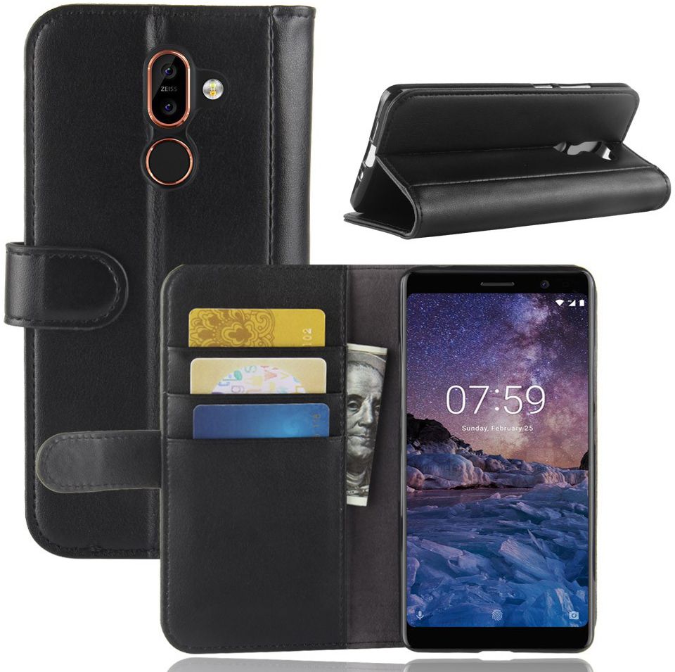 Nokia 7 Plus Echt Lederen Wallet Stand Hoesje Zwart afbeelding 1
