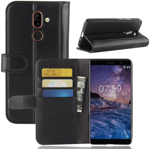 Nokia 7 Plus Echt Lederen Wallet Stand Hoesje Zwart afbeelding 1