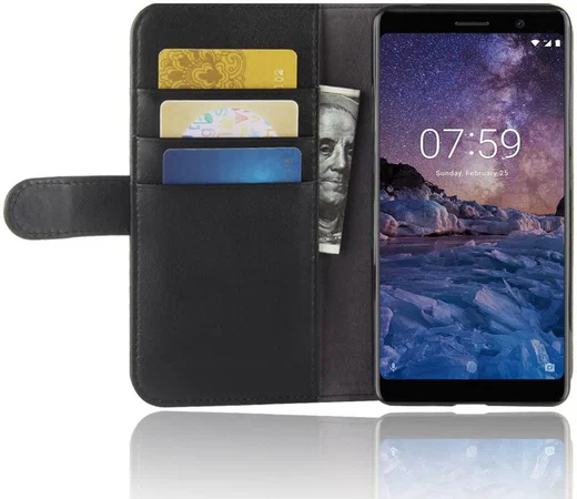 Nokia 7 Plus Echt Lederen Wallet Stand Hoesje Zwart afbeelding 3