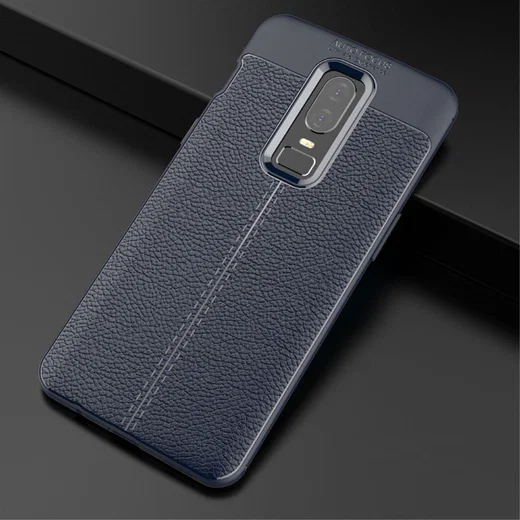 OnePlus 6 Hoesje Back Cover met Lederen Texuur Blauw afbeelding 3