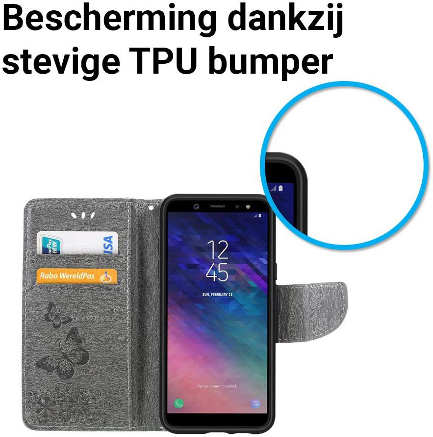 Samsung Galaxy A6 Vlinder Portemonnee Hoesje Grijs afbeelding 4