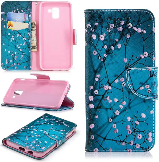 Samsung Galaxy J6 (2018) Lederen Portemonnee Hoesje Pink Flowers afbeelding 5