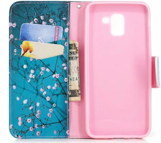Samsung Galaxy J6 (2018) Lederen Portemonnee Hoesje Pink Flowers afbeelding 4