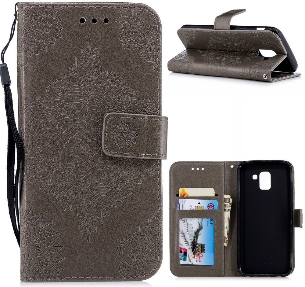 Samsung Galaxy J6 (2018) Lederen Wallet Hoesje Flower Print Grijs afbeelding 13