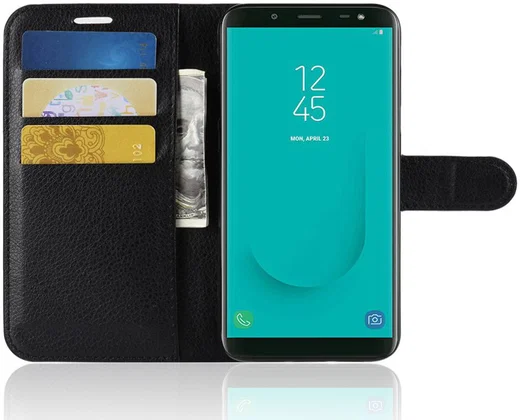 Samsung Galaxy J6 (2018) Litchi Skin Leren Portemonnee Hoesje Zwart afbeelding 2
