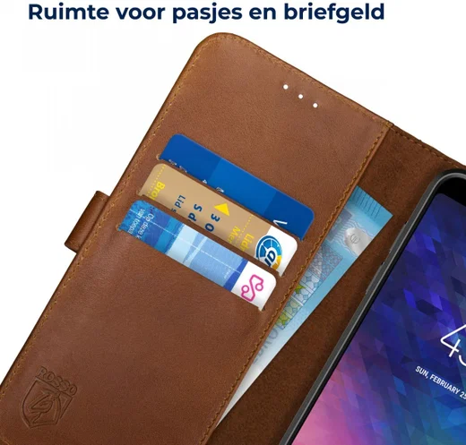 Rosso Deluxe Samsung Galaxy A6 Plus hoesje Echt Leer Book Case Bruin afbeelding 5