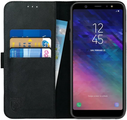 Rosso Deluxe Samsung Galaxy A6 Plus Hoesje Echt Leer Book Case Zwart afbeelding 1